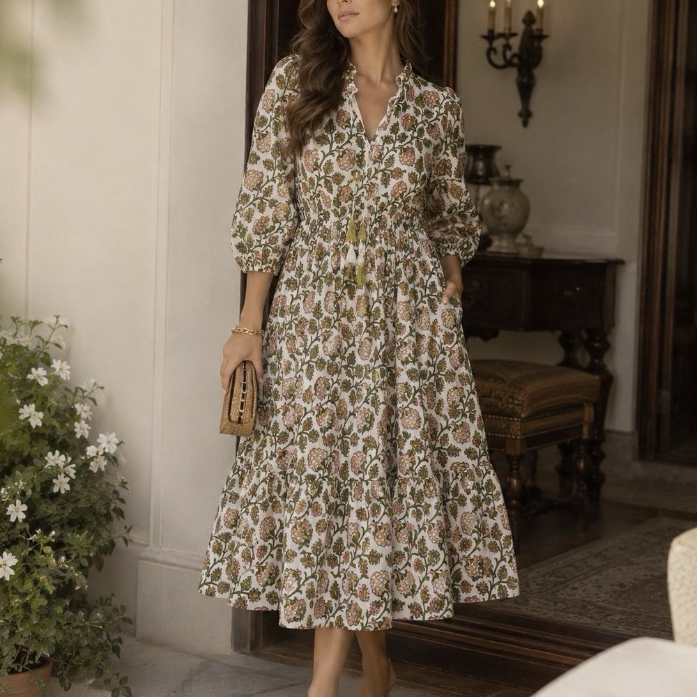 Madison Mathews Cotton Floral Tiered Boho Maxi Midi Peasant Dress Sz S